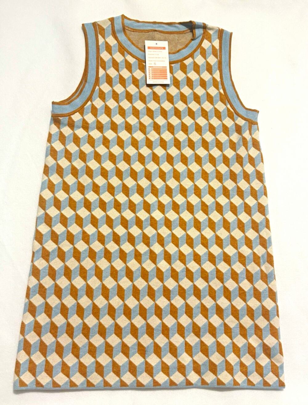 NWT Women’s S Geometric Knit Mini Shift Dress Blue Brown Cream Retro Mod